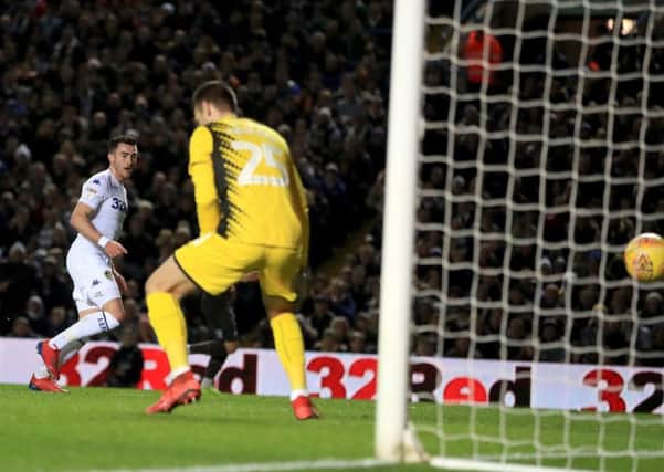 Leeds United's Jack Harrison scores what proved the winning goal against Swansea City at Elland Road (Picture: Mike Egerton/PA Wire).