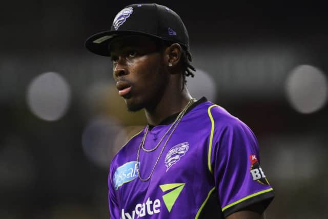 Jofra Archer of the Hurricanes looks on during the Big Bash League match between the Sydney Thunder and the Hobart Hurricanes at Spotless Stadium on January 1.  (Picture: Brett Hemmings/Getty Images)