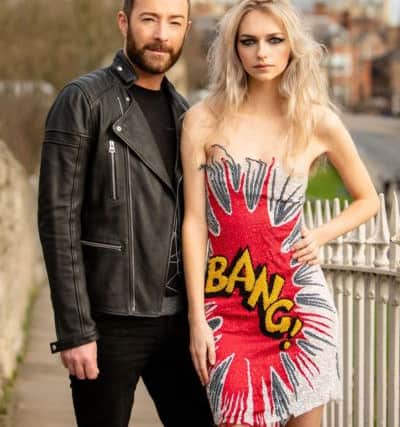 Scott Henshall with a model Charlie Cowap wearing his archive collection. Picture: Olivia Brabbs for York Fashion Week 2019. Hair & Make-up & Scott's grooming, Sonia Schofield
