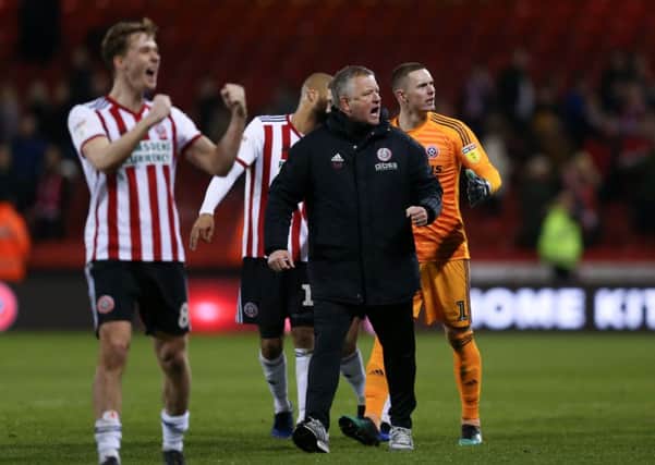 Manager Chris Wilder joins his Sheffield United players on the pitch as they celebrate Wednesdays home win over Middlesbrough (Picture: James Wilson/Sportimage).