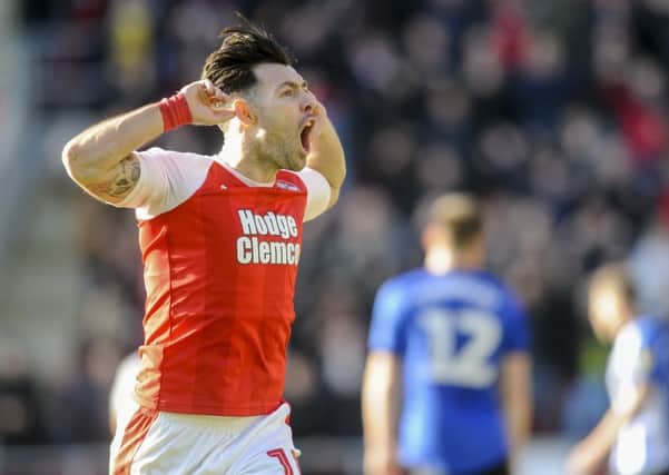 Rotherham's Richie Towell celebrates after putting the Millers 2-1 up at New York Stadium. Picture: Dean Atkins
