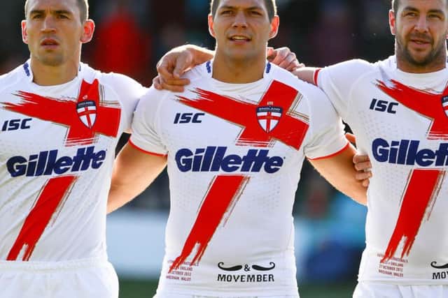 Ryan Hall (centre) lining up with Adrian Morley (right) and Kevin Sinfield for England v Wales in 2012. (SWPix)