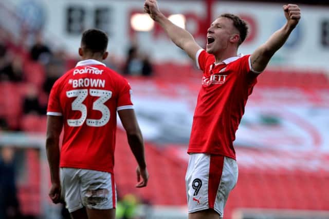 Cauley Woodrow celebrates scoring Barnsley's second goal against Wycombe Wanderers.  (Picture: Bruce Rollinson)