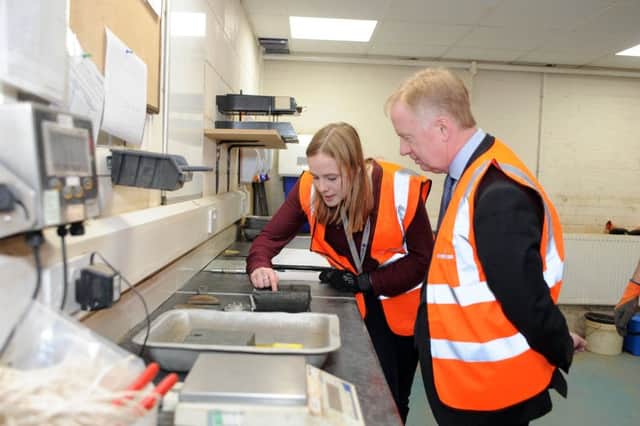 14 February 2019 ......   Mark Thurston, CEO, HS2 speaks with Emma Grant, post graduate placement engineer during his  visit to Leeds-based Soil Engineering Geoservices has which been working on the HS2 programme for five years, testing the ground materials where Britains new high speed railway will be built. Picture Tony Johnson.