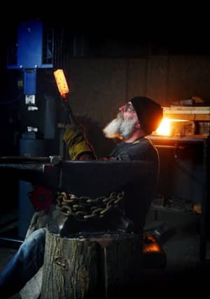 Carl Camp who makes knifes at Falcon Forge in Elvington, near York.
25th January 2019.