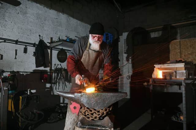 Carl Camp who makes knifes at Falcon Forge in Elvington, near York.
25th January 2019.