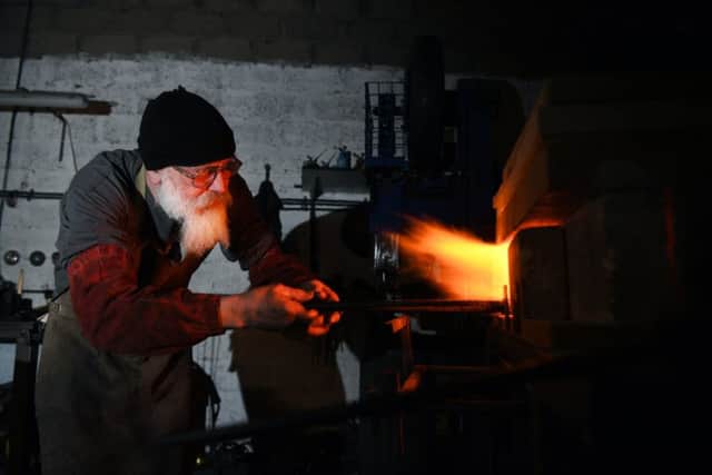 Carl Camp who makes knifes at Falcon Forge in Elvington, near York.
25th January 2019.