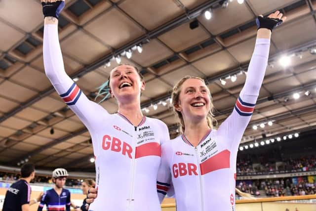 WINING FEELING AGAIN: Laura Kenny, right, and Katie Archibald celebrate winning Gold in the Women's Madison final at the Cycling World Cup in December. Picture: Alex Broadway/SWpix.com
