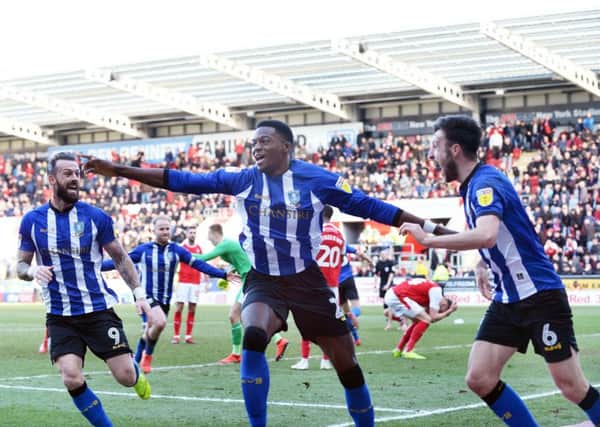 Sheffield Wednesday's Dominic Iorfa celebrates his late equaliser at Rotherham Picture: Steve Ellis