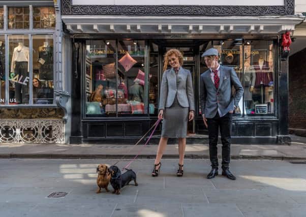 Models wear designs including wool tailoring and accessories by Abraham Moon of Guiseley, in front of the mill's retail shop in York, taken for a special Yorkshire Post Magazine fashion shoot last year. Picture: James Hardisty. Styling: Stephanie Smith
