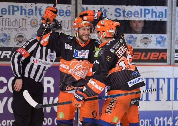 Jonathan Phillips, seen celebrating his goal in the 3-1 home win over Nottingham Panthers. Picture: Dean Woolley.
