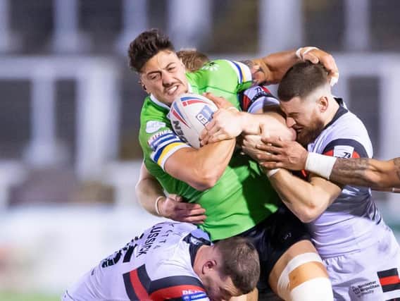 Widnes Vikings star Anthony Gelling takes on the Toronto Wolfpack defence in Friday night's game at Kingston Park, Newcastle but Widnes' fixture this weekend has been called off. (SWPix)