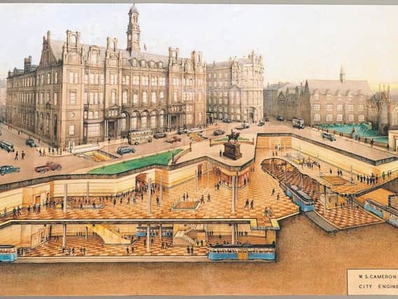 The subway station planned for City Square, with the old Post Office building in the background (National Tramway Museum)