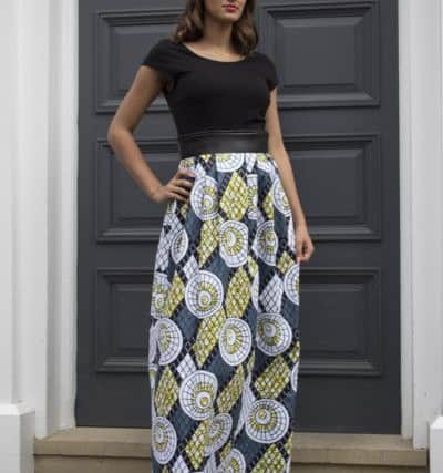 The Abanna skirt in cotton with screenprinted pattern, faux leather waistband and polyester lining, £110, at WhatsYourSkirt.com. Photographer: Siobhan Thomas, Model: Edeena Howsam, Make-up:  Charlotte Morris