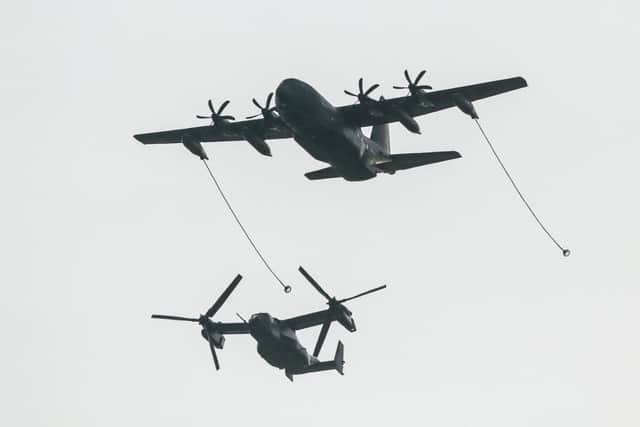 USAF CV-22 Osprey (bottom) and a  C-130 Hercules during the flypast over Sheffield Endcliffe park