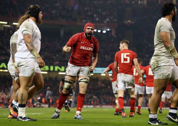 Wales' Cory Hill celebrates scoring his side's first try of the game at the Principality Stadium, Cardiff. Picture: Paul Harding/PA