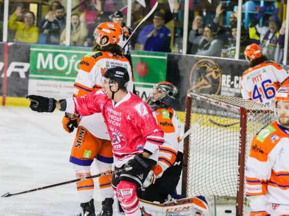 Sheffield Steelers' goaltender Jackson Whistle shows his dismay after Manchester Storm score past him on Sunday night. Picture: Mark Ferriss/EIHL.