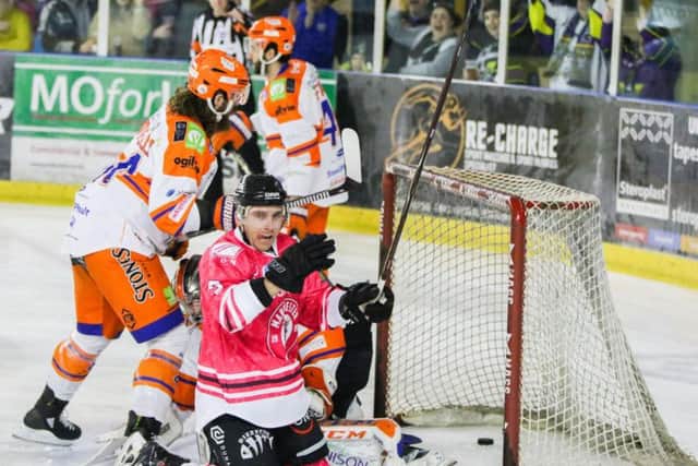 ON THE BOARD: Manchester Storm get one of their five goals past Jackson Whistle. Picture: Mark Ferriss.