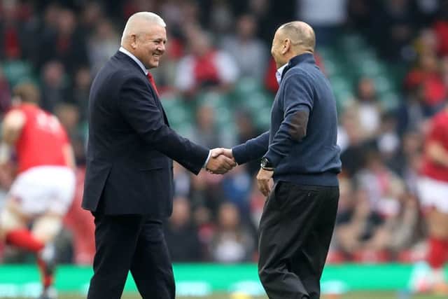 Wales head coach Warren Gatland (left) greets England head coach Eddie Jones before the Six Nations clash in Cardiff on Saturday. PRESS ASSOCIATION Photo. Picture: David Davies/PA