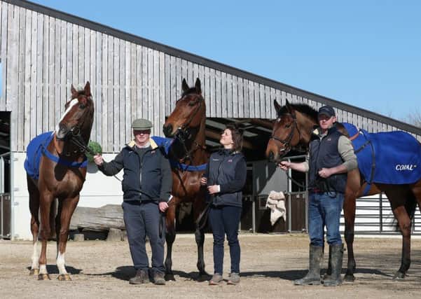 Colin Tizzard (left) with Native River, Kim Tizzard (centre) with Thistlecrack and Joe Tizzard (right) with Elegant Escape  - all three are due to line up in the Gold Cup next month.