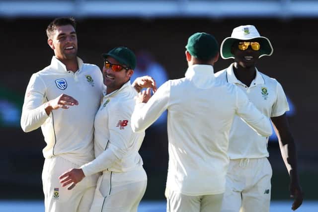 Duanne Olivier, far left, and his South Africa team-mates celebrate the wicket of Sri Lanka's Kusal Mendis at St George's Park earlier this month. Picture: Ashley Vlotman/Getty Images