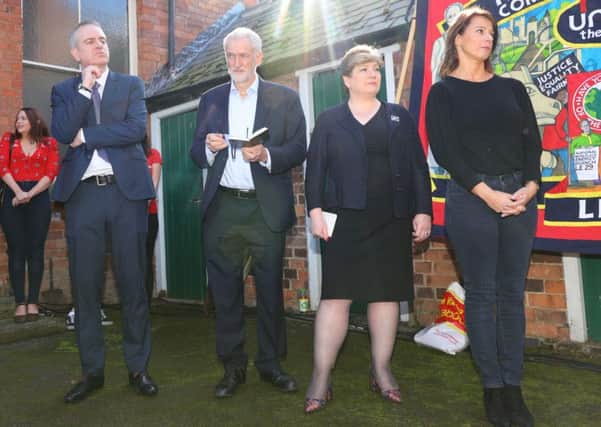 Emily Thornberry (second right) spoke at a rally in Beeston, Nottingham, last weekend with Jeremy Corbyn.