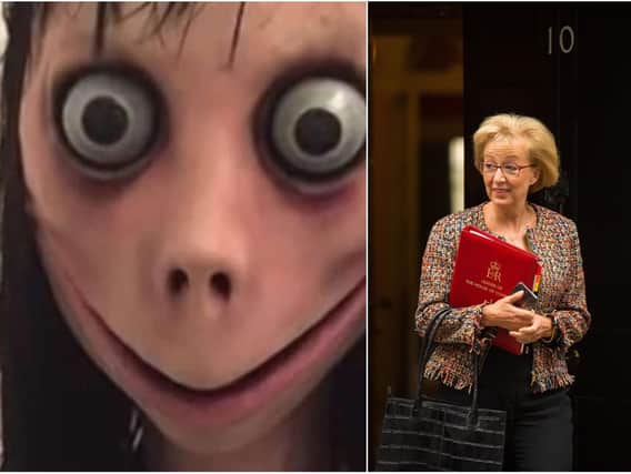 Left, the so-called Momo doll, right, Andrea Leadsom who claimed today the challenge was just a 'hoax'.
