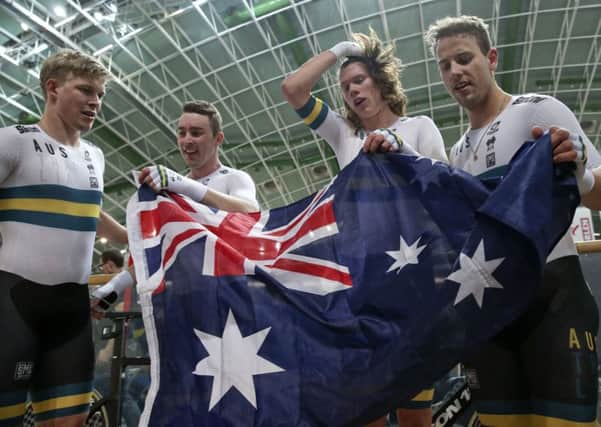 Team Australia riders celebrate winning the men's team pursuit final during the UCI Track Cycling World Championship in Pruszkow, Poland (Picture: Czarek Sokolowski/AP).