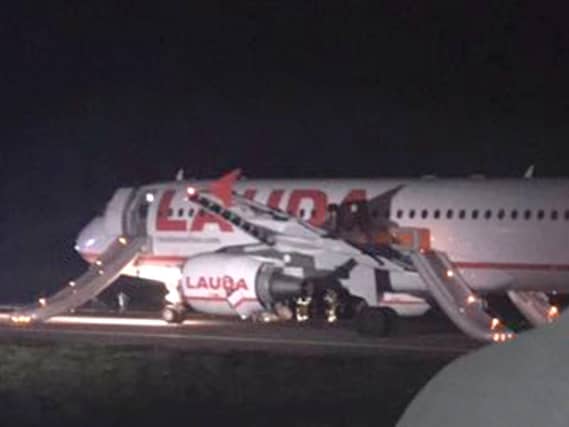 Handout photo issued by Thomas Steer of a passenger plane at Stansted Airport after an aborted takeoff.
