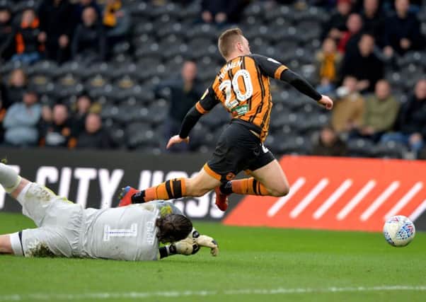 Lee Camp brings down Jarrod Bowen for Hull's penalty.   Picture Bruce Rollinson