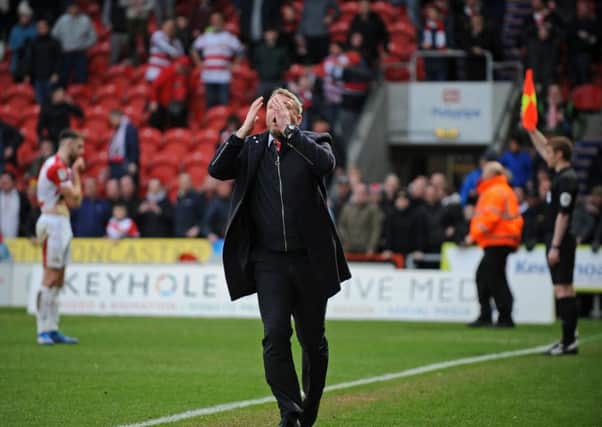 Oh no: Rovers manager Grant McCann as the linesman's flag prevents a late winner. Picture: Marie Caley
