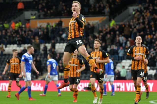 On target: Jarrod Bowen celebrates scoring his second goal from the spot. Picture: Bruce Rollinson