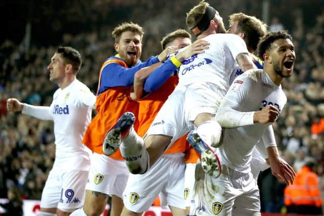 Tyler Roberts turns to the crowd as Leeds United celebrate their third goal against West Bromwich Albion (Picture: Nick Potts/PA Wire).