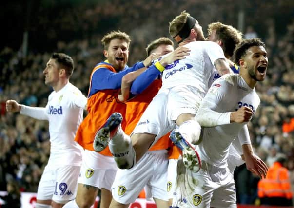 Tyler Roberts turns to the crowd as Leeds United celebrate their third goal against West Bromwich Albion (Picture: Nick Potts/PA Wire).