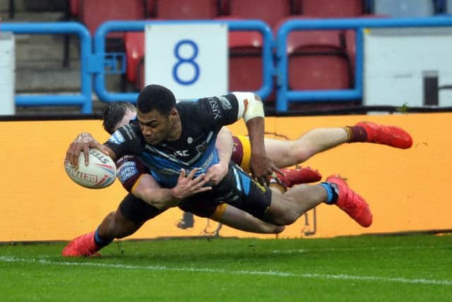 Hull's Ratu Naulago goes over the tryline. Picture Tony Johnson