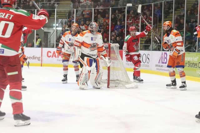 Sheffield Steelers' players show their disappointment after Cardiff Devils score a goal on Sunday night at the Viola Arena. Picture: Helen Brabon/EIHL.
