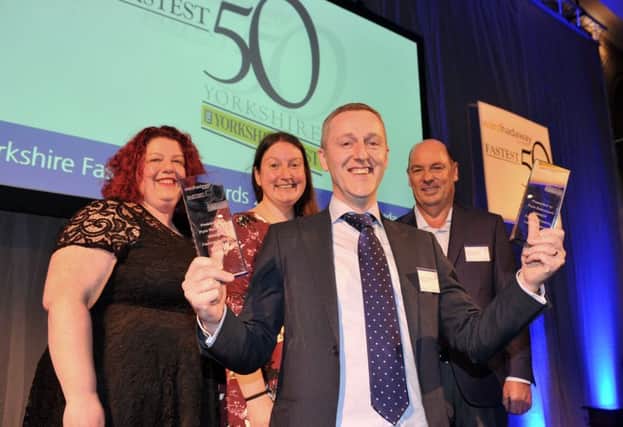 The Yorkshire Fastest 50 awards 2018 held at Aspire in Leeds.  Jonathan Simpson celebrates with colleagues Suzanne Latimer, Rachel Pease and Andrew Thirkill at  Pure Retirement winners of the Fastest Growing Large Business and Overall winners.  Picture Tony Johnson.