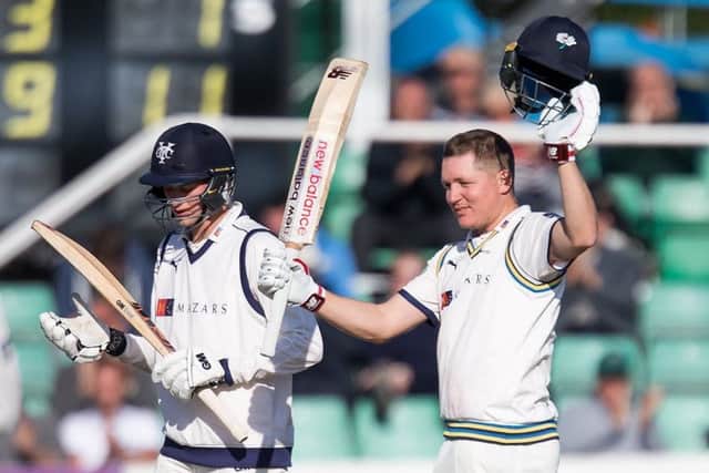 Gary Ballance celebrates his century for Yorkshire against  Worcestershire at the end of last season (Picture: John Heald).