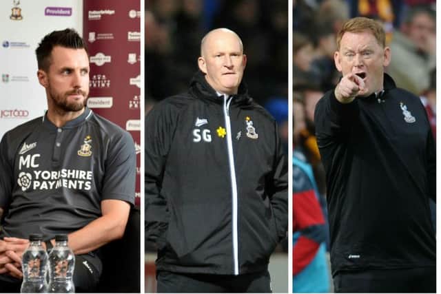 BAD START: Michael Collins, Simon Grayson and David Hopkin all endured losing starts at home when in charge of Bradford City this season.