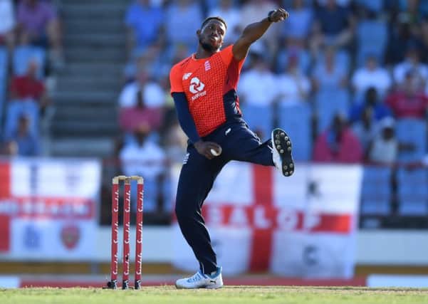 Chris Jordan of England bowls during the First Twenty20 International match between England and West Indies at Daren Sammy Cricket Ground on March 5. (Picture: Gareth Copley/Getty Images)