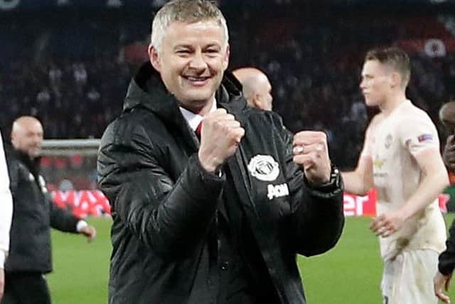 Manchester United caretaker manager Ole Gunnar Solskjaer celebrates after the final whistle