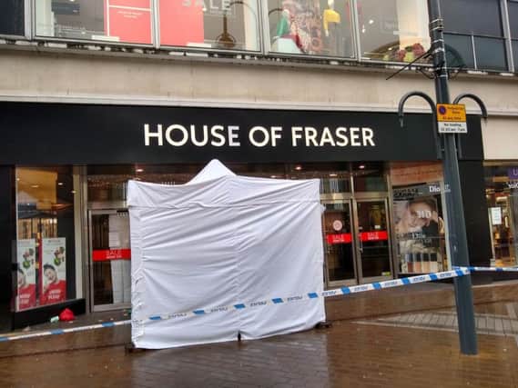 The police tent outside House of Fraser in Briggate, Leeds.