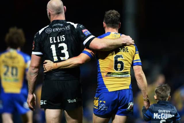 Gareth Ellis and Danny McGuire at the end of the Super League semi-final between Leeds and Hull in September 2017.  Picture: Bruce Rollinson