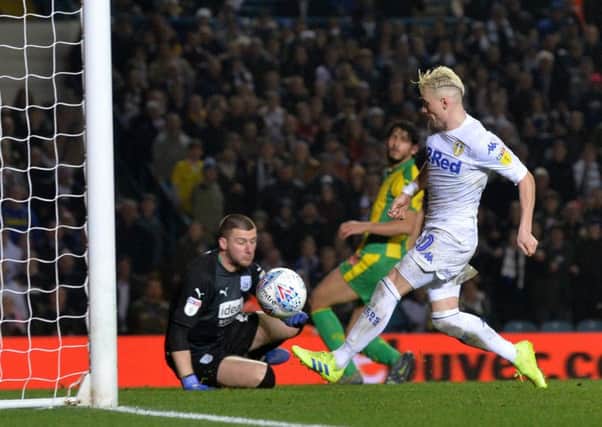 Ezgjan Alioski scores Leeds United's fourth goal in last Friday's 4-0 win over West Bromwich Albion (Picture: Bruce Rollinson).