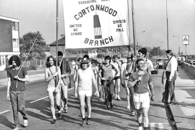 Cortonwood miners leaving Brampton Bierlow on march to TUC Conference in Brighton, August 20, 1984.