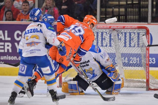 Eric Neiley scores his second and Steelers' fourth against Fife on Saturday night. Picture: Dean Woolley.