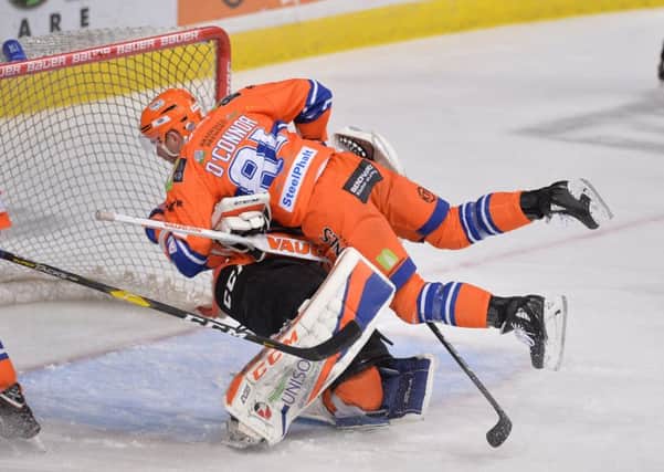 COMING THROUGH: Ben O'Connor can't avoid colliding with Steelers' netminder Jackson Whistle during Saturday's 4-1 win at home to Fife Flyers. Picture: Dean Woolley.