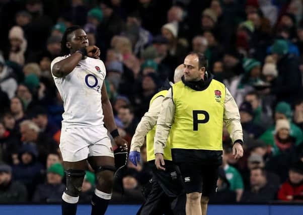 England's Maro Itoje leaves the pitch with an injury during the Guinness Six Nations defeat of Ireland in Dublin last month (Picture: Brian Lawless/PA Wire).
