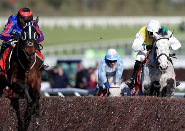 Beware The Bear (left) and Vintage Clouds (right) clear the last in the Ultima Handicap Chase at Cheltenham.