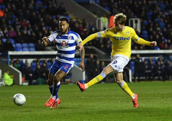 Leeds United's Patrick Bamford misses a second-half chance under presure from Reading's Liam Moore.
 (Picture: Jonathan Gawthorpe)